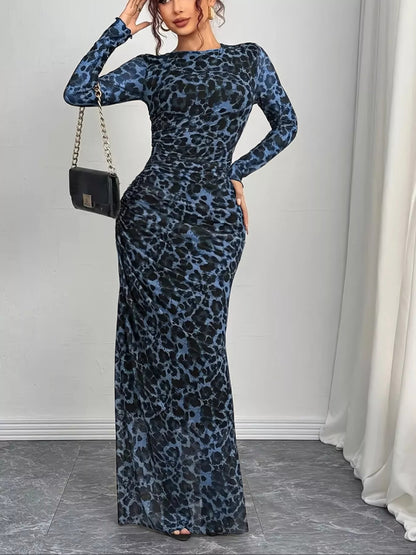 Leopard Print Long Sleeve Maxi Dress-Nordavory