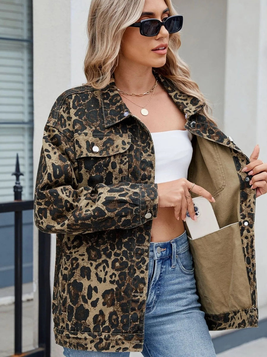 Leopard Print Oversized Denim Jacket-Nordavory