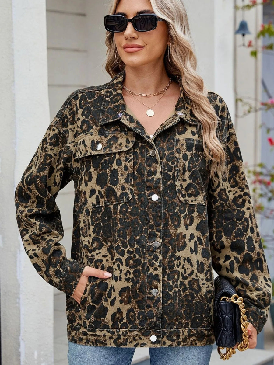 Leopard Print Oversized Denim Jacket-Nordavory