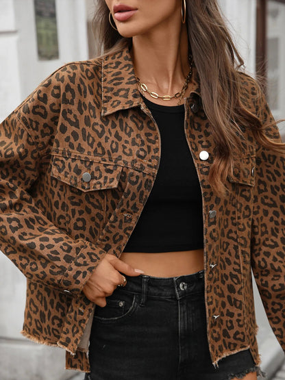 Leopard Print Raw Hem Denim Jacket-Nordavory