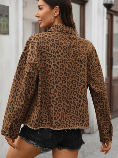 Leopard Print Raw Hem Denim Jacket-Nordavory