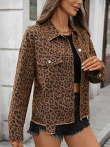 Leopard Print Raw Hem Denim Jacket - Nordavory