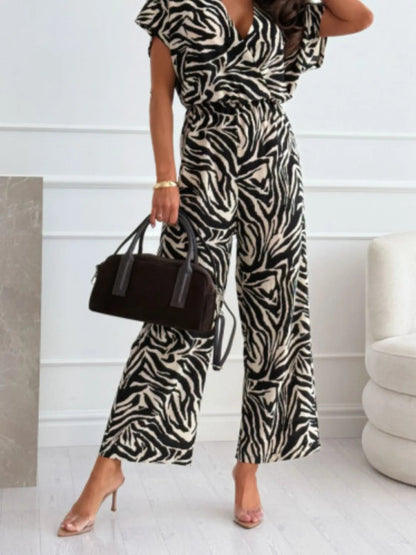 Leopard Print Short Sleeve Wide Leg Jumpsuit-Nordavory