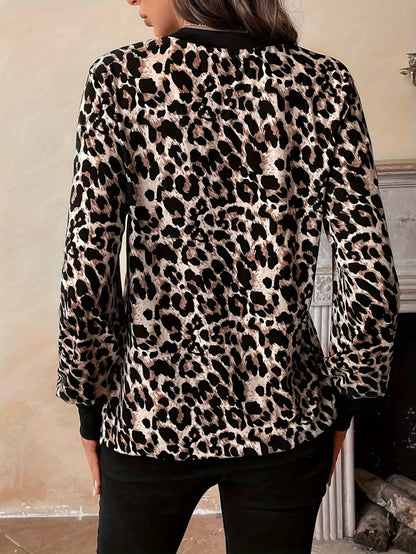 Leopard Print V-Neck Long Sleeve T-Shirt-Nordavory