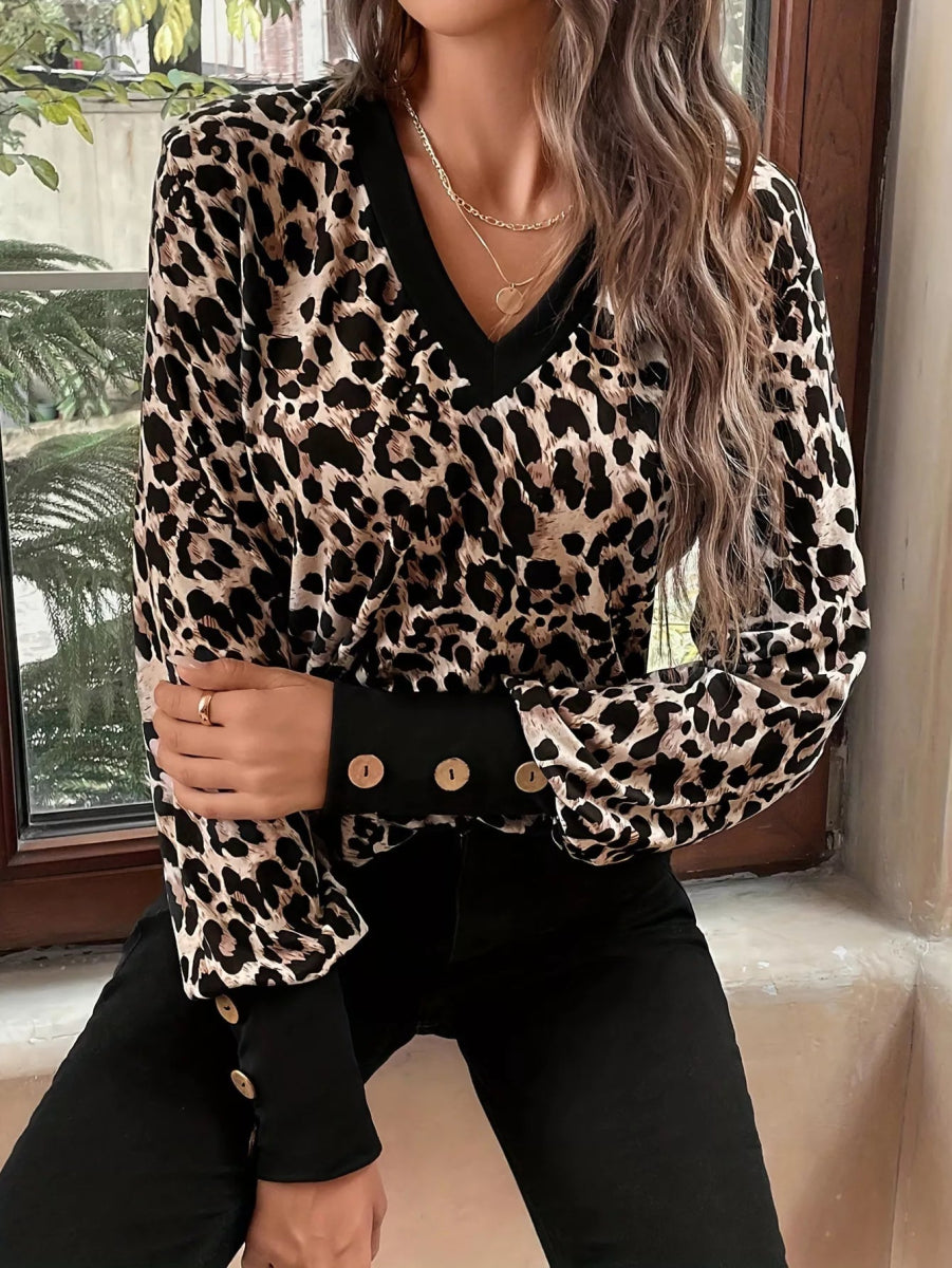 Leopard Print V-Neck Long Sleeve T-Shirt-Nordavory