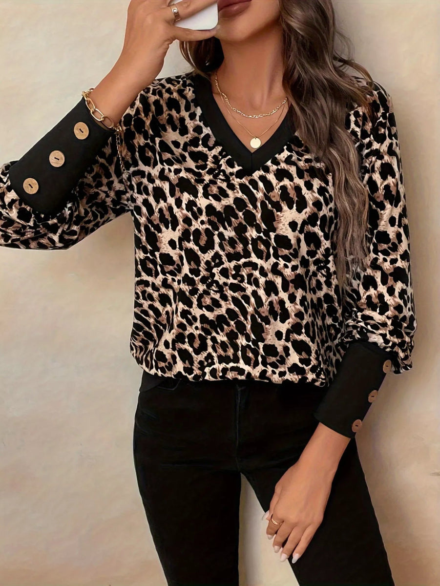 Leopard Print V-Neck Long Sleeve T-Shirt-Nordavory
