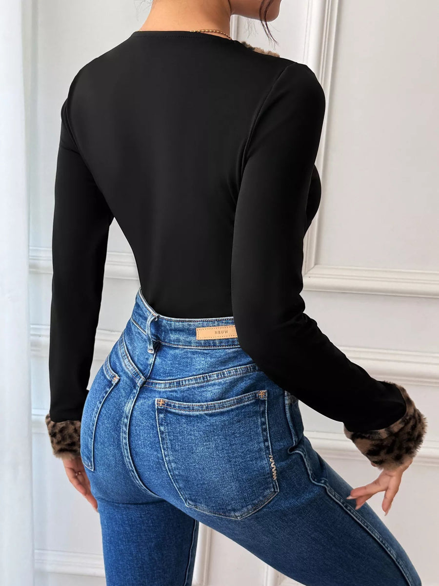 Leopard Trim V-Neck Long Sleeve Bodysuit-Nordavory