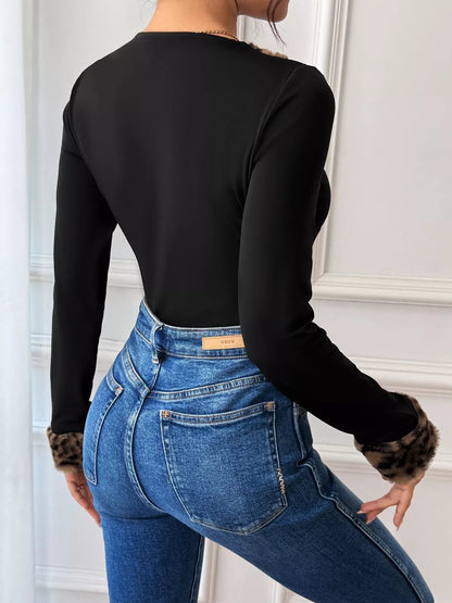 Leopard Trim V-Neck Long Sleeve Bodysuit-Nordavory