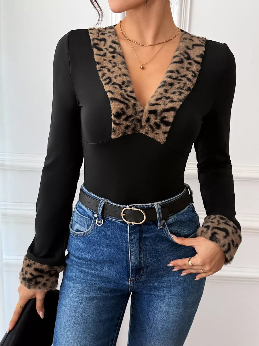 Leopard Trim V-Neck Long Sleeve Bodysuit-Nordavory
