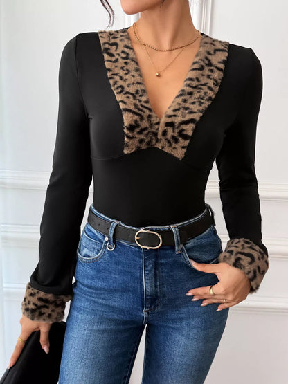 Leopard Trim V-Neck Long Sleeve Bodysuit-Nordavory