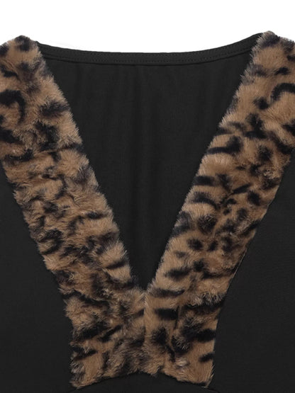 Leopard Trim V-Neck Long Sleeve Bodysuit-Nordavory
