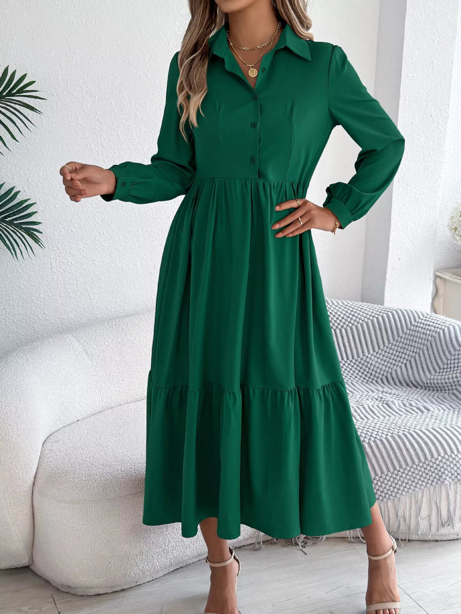 Long Sleeve Tiered Button Front Midi Dress-Nordavory