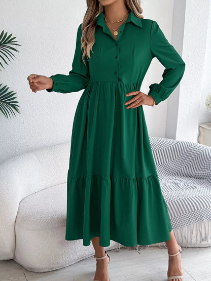 Long Sleeve Tiered Button Front Midi Dress-Nordavory