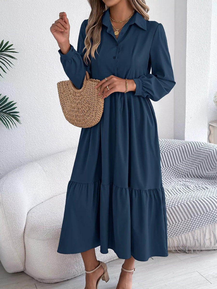 Long Sleeve Tiered Button Front Midi Dress-Nordavory