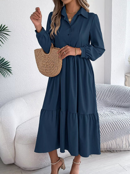 Long Sleeve Tiered Button Front Midi Dress-Nordavory