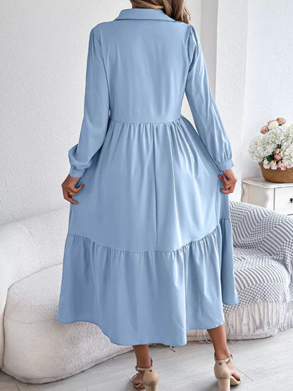 Long Sleeve Tiered Button Front Midi Dress-Nordavory