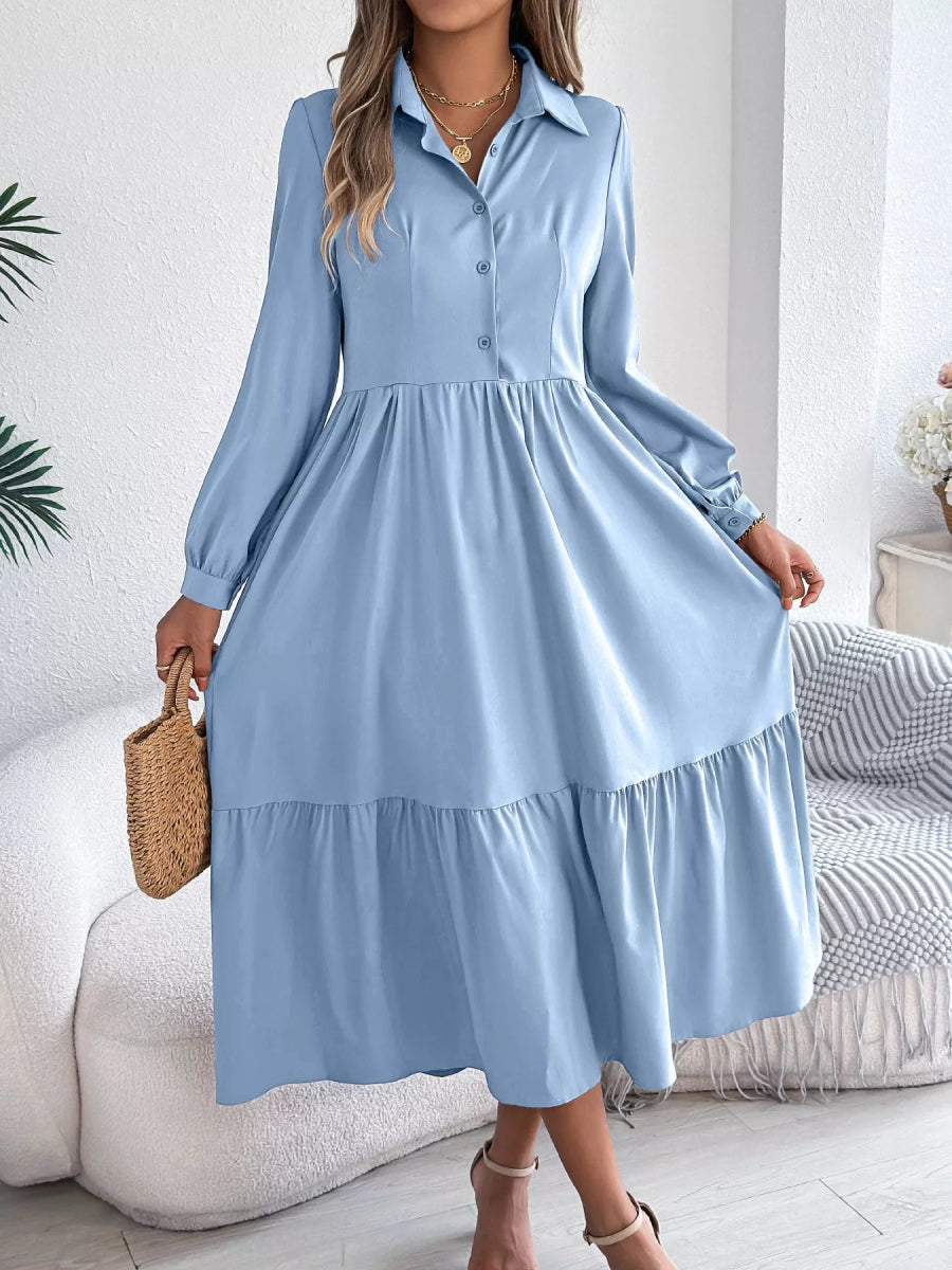 Long Sleeve Tiered Button Front Midi Dress-Nordavory
