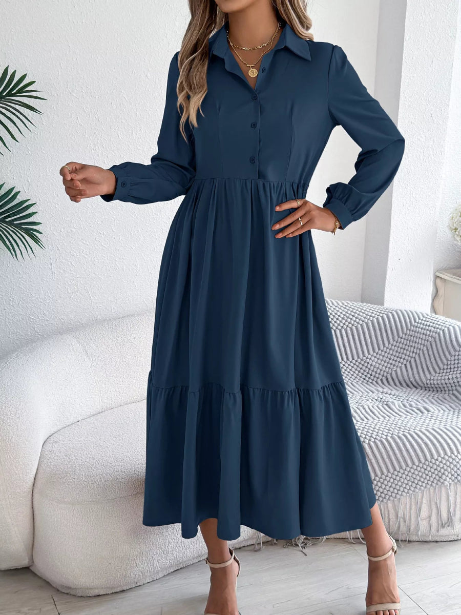 Long Sleeve Tiered Button Front Midi Dress-Nordavory