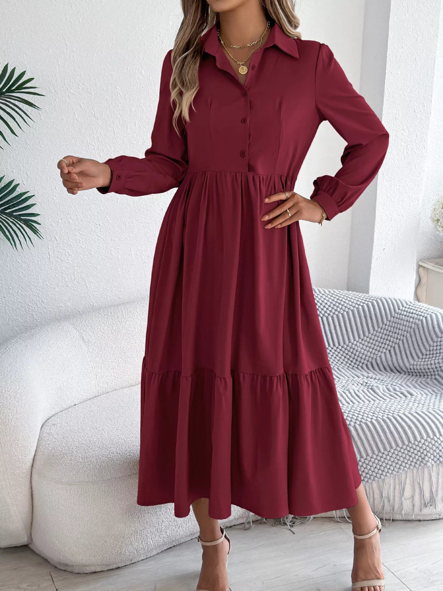 Long Sleeve Tiered Button Front Midi Dress-Nordavory