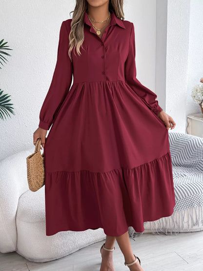 Long Sleeve Tiered Button Front Midi Dress-Nordavory