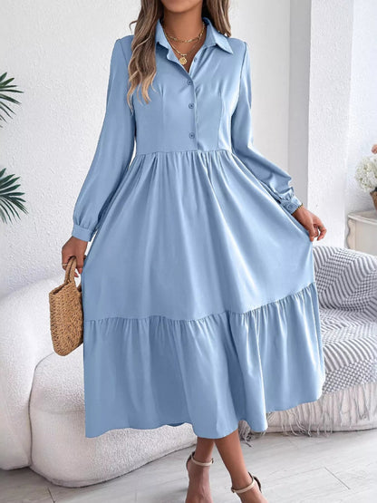 Long Sleeve Tiered Button Front Midi Dress-Nordavory