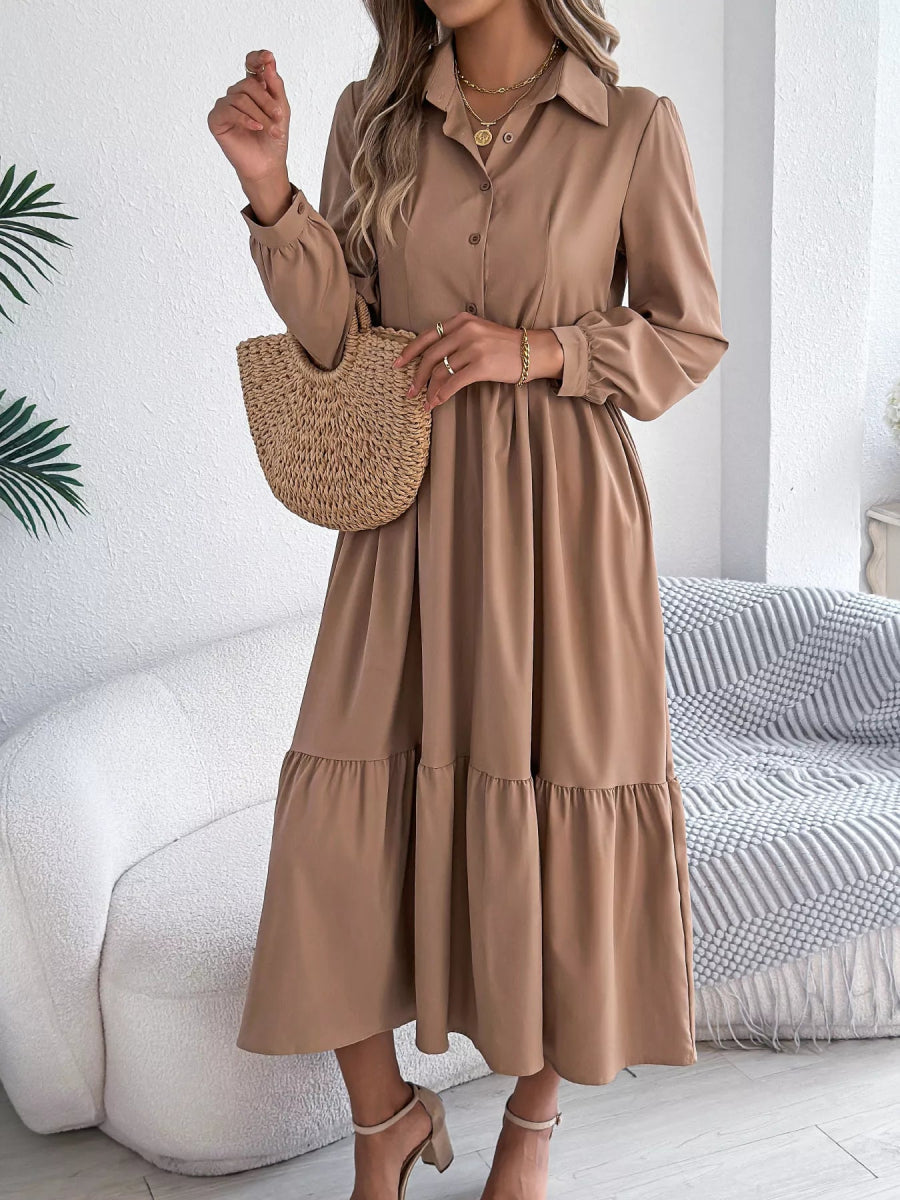 Long Sleeve Tiered Button Front Midi Dress-Nordavory