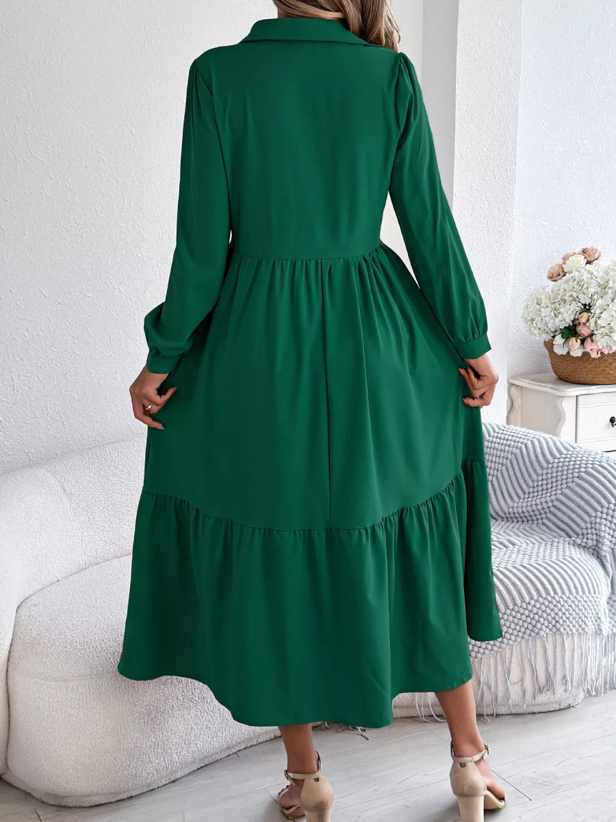 Long Sleeve Tiered Button Front Midi Dress-Nordavory