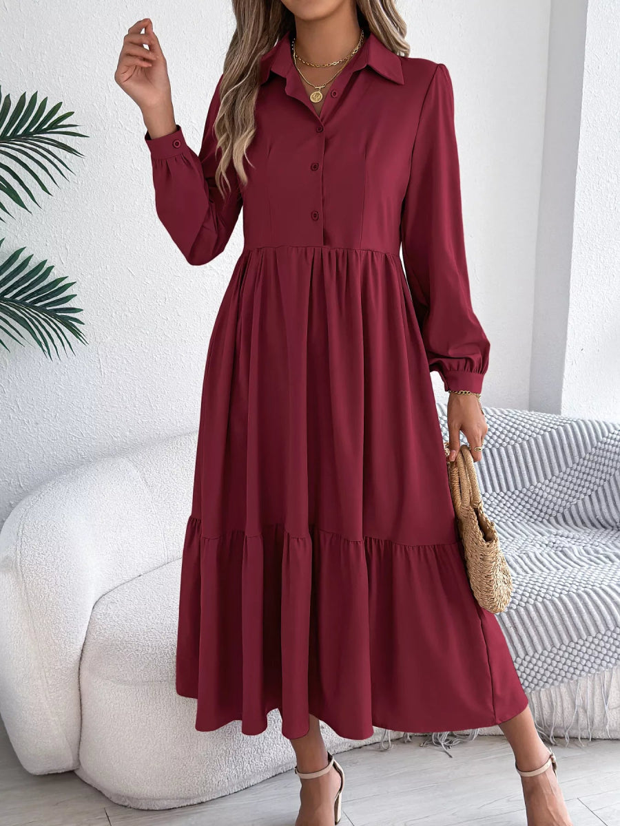 Long Sleeve Tiered Button Front Midi Dress-Nordavory