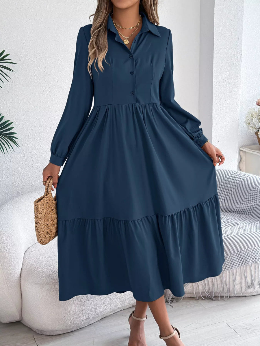Long Sleeve Tiered Button Front Midi Dress-Nordavory