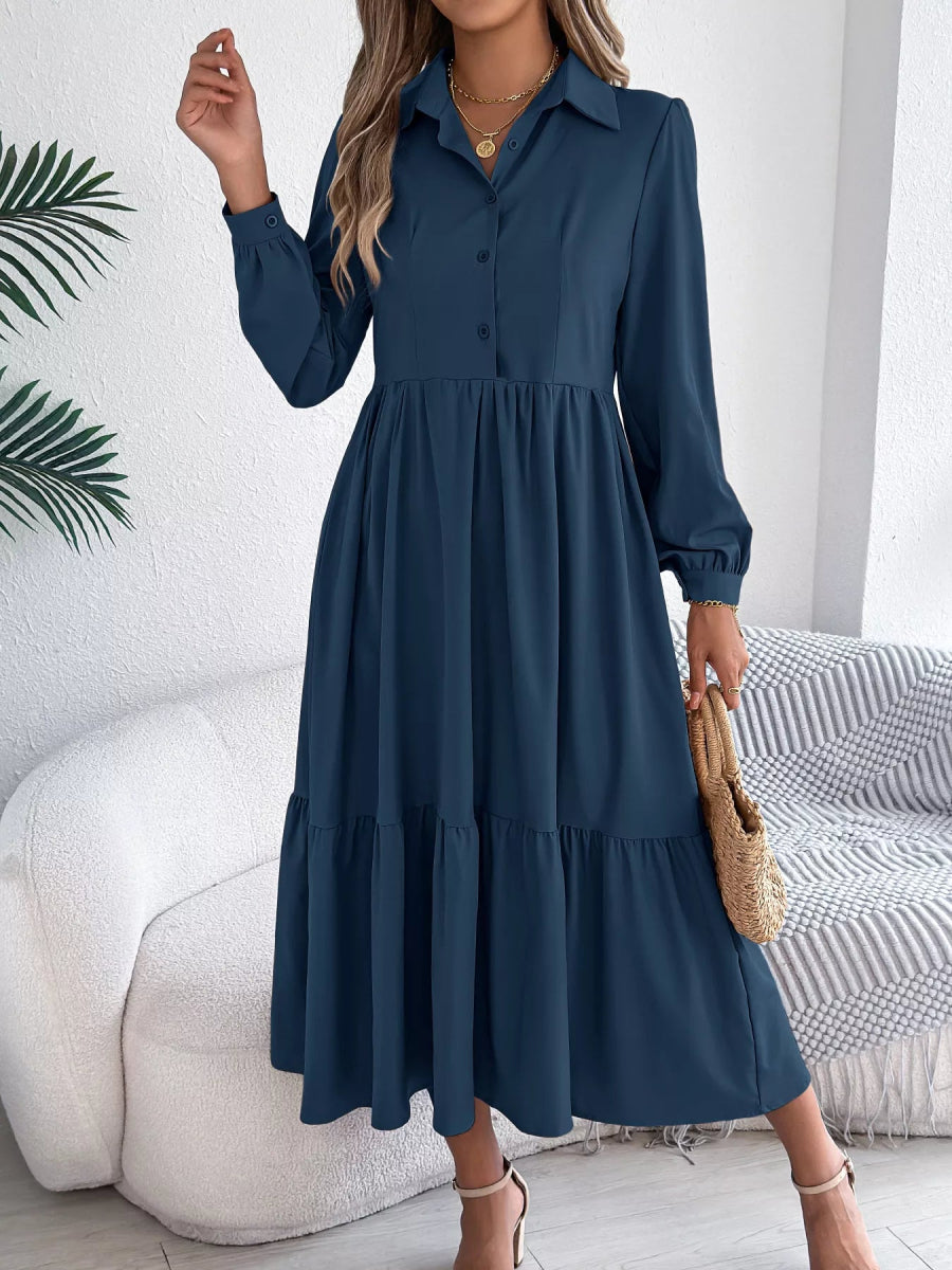 Long Sleeve Tiered Button Front Midi Dress-Nordavory
