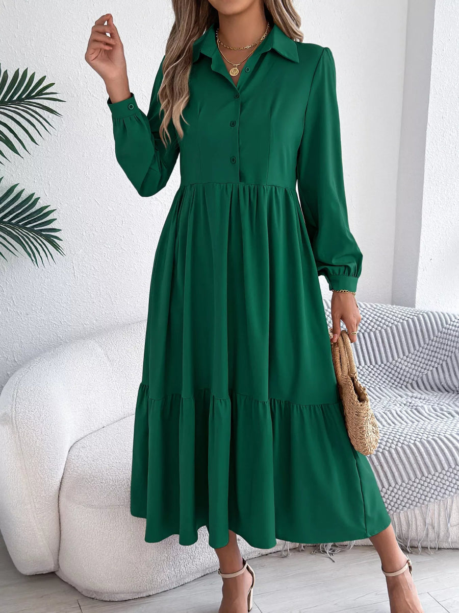 Long Sleeve Tiered Button Front Midi Dress-Nordavory