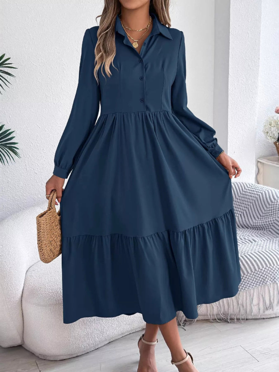Long Sleeve Tiered Button Front Midi Dress-Nordavory
