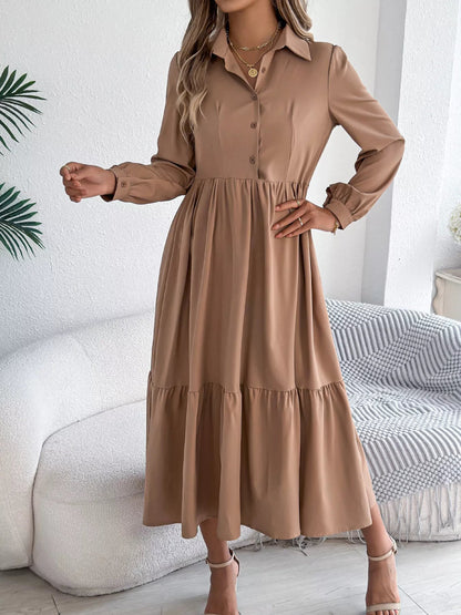Long Sleeve Tiered Button Front Midi Dress-Nordavory