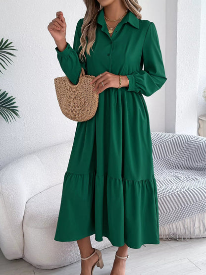 Long Sleeve Tiered Button Front Midi Dress-Nordavory