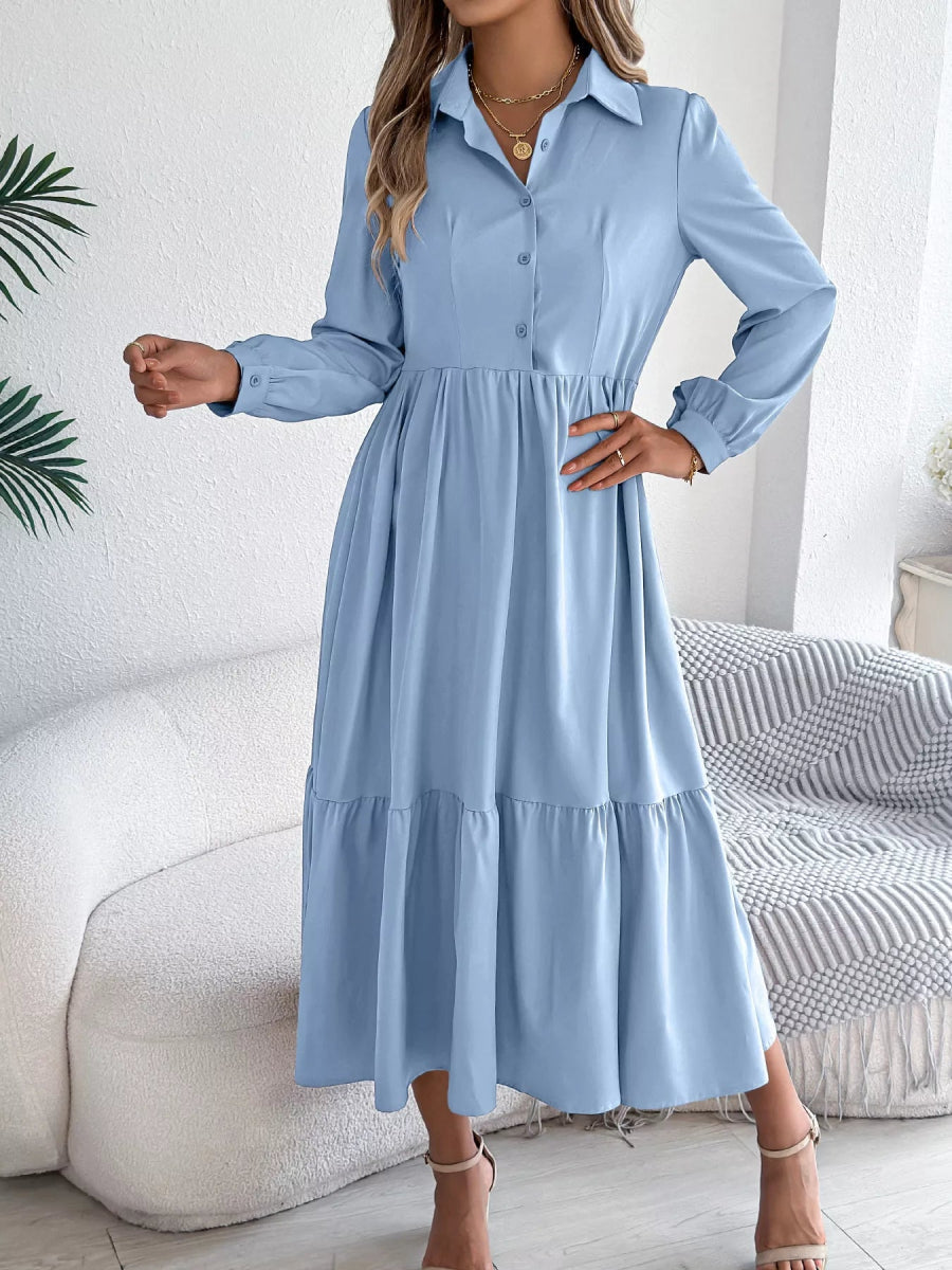 Long Sleeve Tiered Button Front Midi Dress-Nordavory