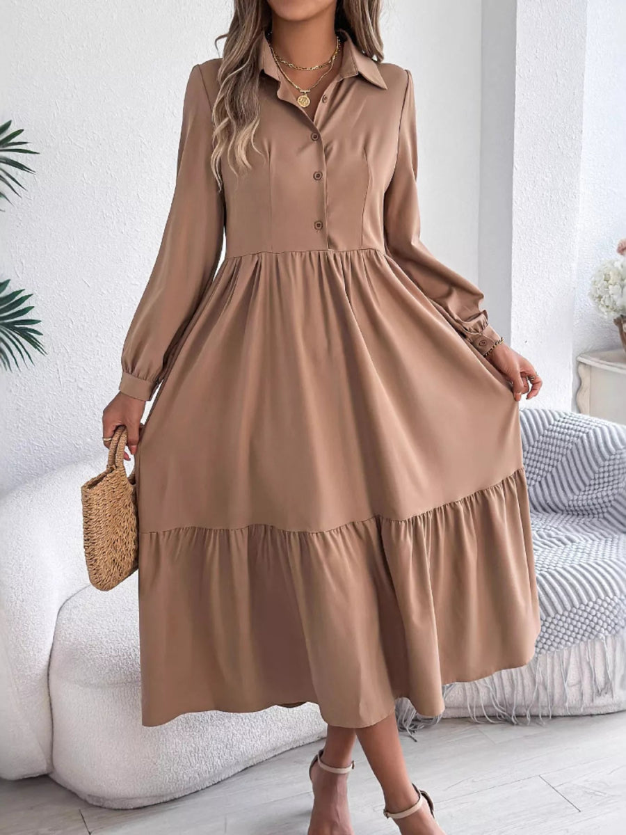 Long Sleeve Tiered Button Front Midi Dress-Nordavory