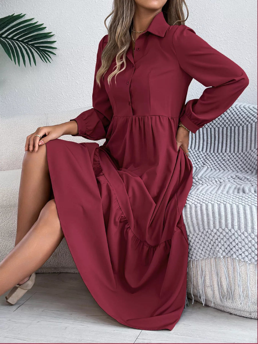 Long Sleeve Tiered Button Front Midi Dress-Nordavory
