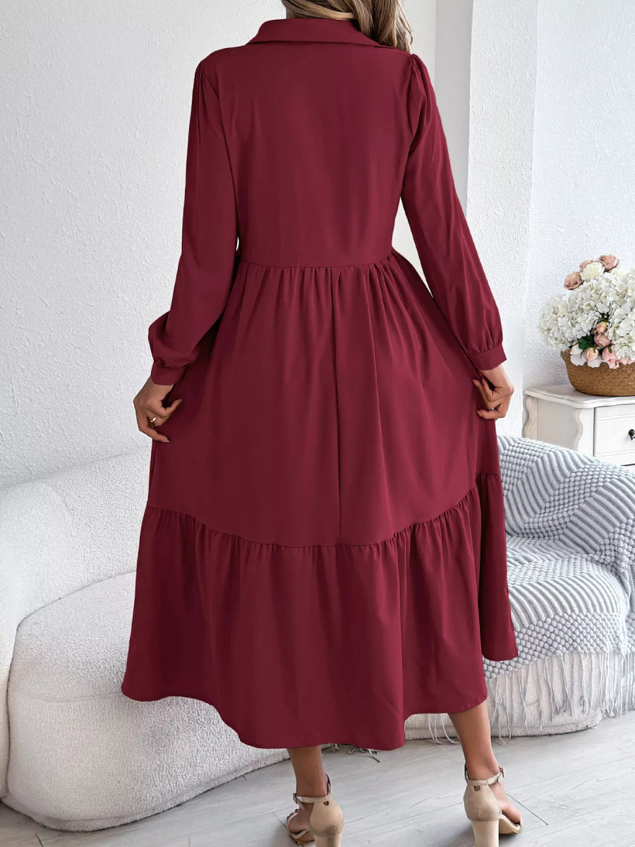 Long Sleeve Tiered Button Front Midi Dress-Nordavory