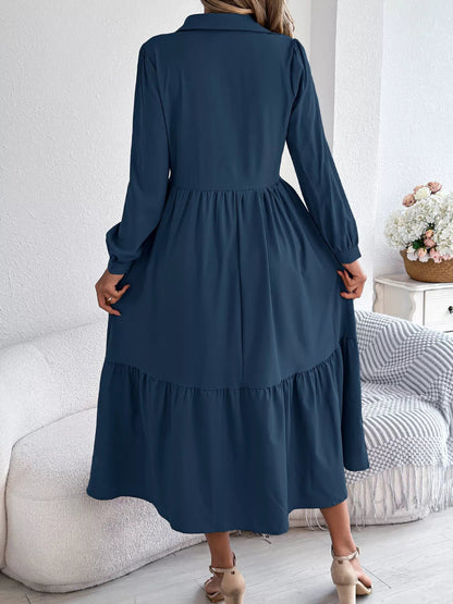 Long Sleeve Tiered Button Front Midi Dress-Nordavory