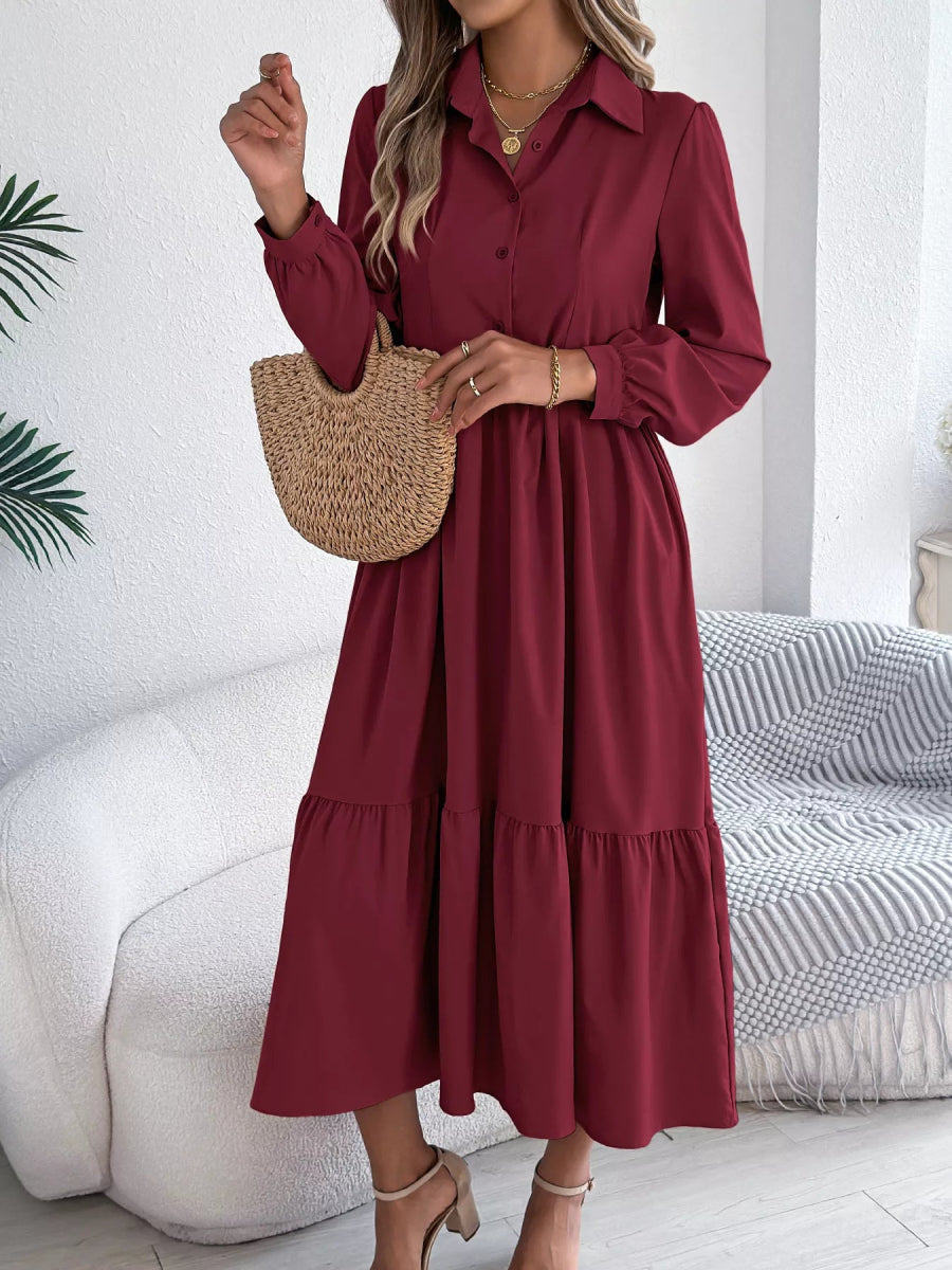 Long Sleeve Tiered Button Front Midi Dress-Nordavory