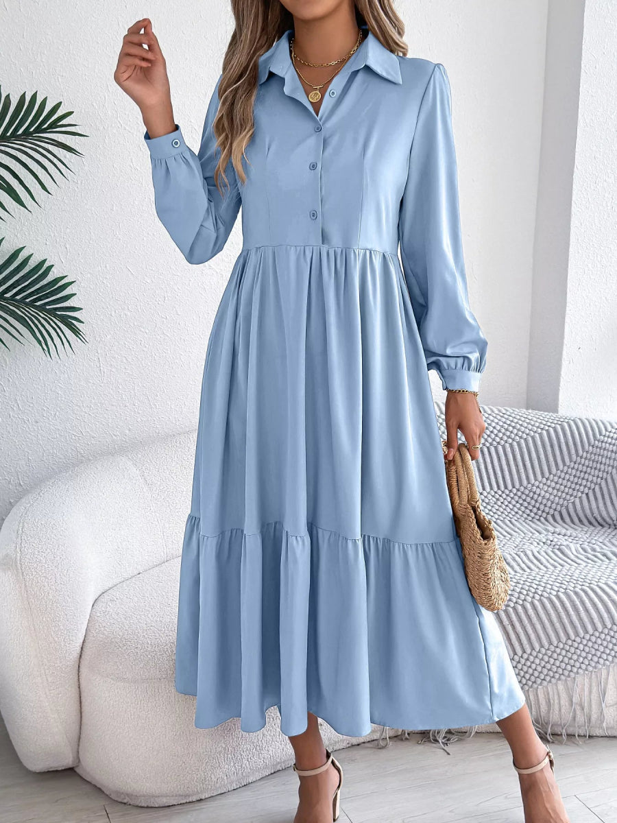 Long Sleeve Tiered Button Front Midi Dress-Nordavory