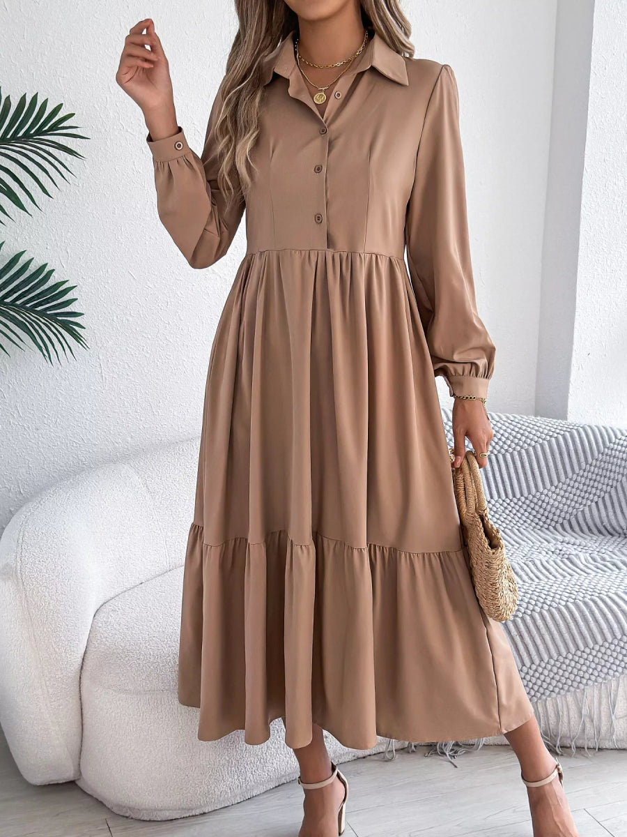 Long Sleeve Tiered Button Front Midi Dress-Nordavory