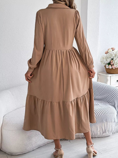 Long Sleeve Tiered Button Front Midi Dress-Nordavory