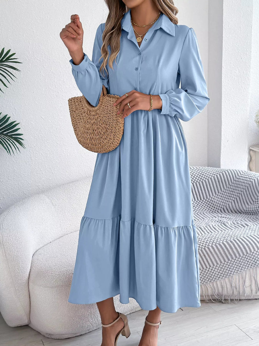 Long Sleeve Tiered Button Front Midi Dress-Nordavory