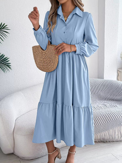 Long Sleeve Tiered Button Front Midi Dress-Nordavory