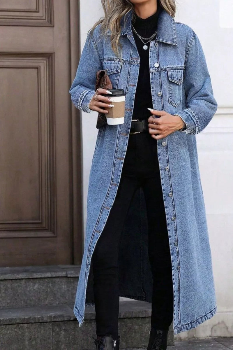 Longline Button-Front Denim Jacket-Nordavory