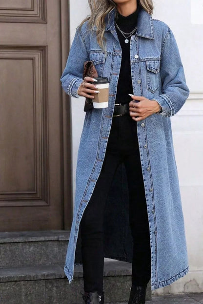 Longline Button-Front Denim Jacket-Nordavory