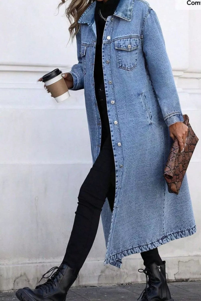 Longline Button-Front Denim Jacket-Nordavory