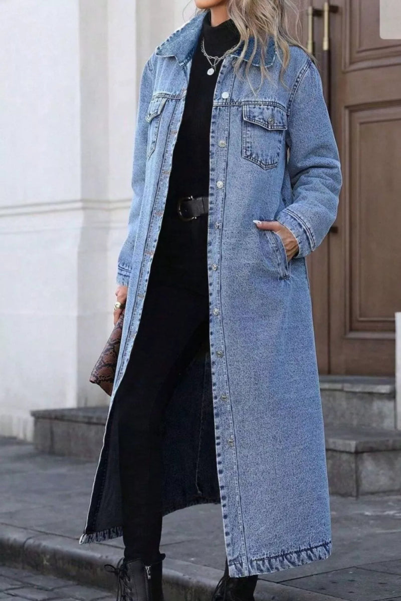 Longline Button-Front Denim Jacket-Nordavory