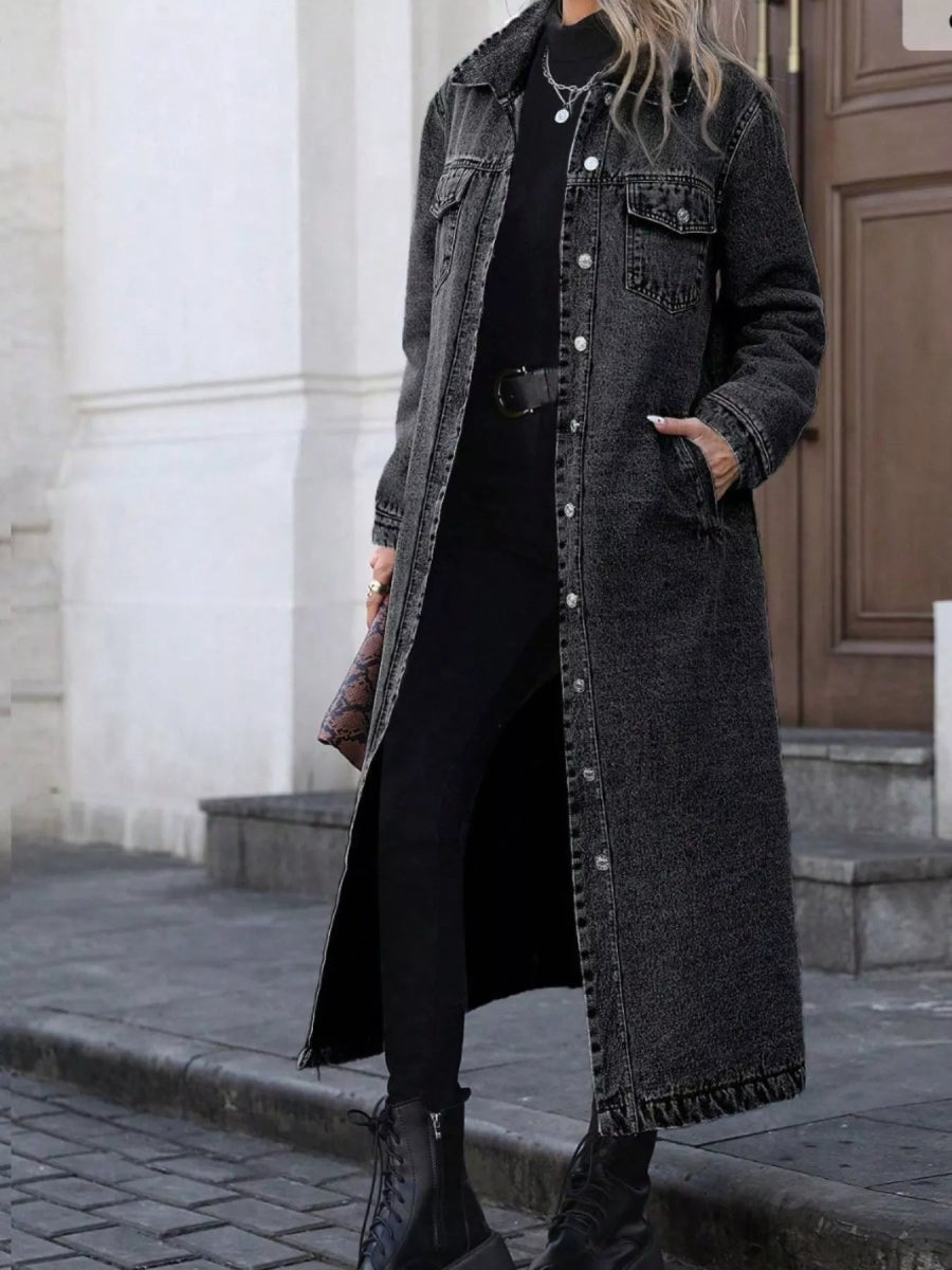 Longline Button-Front Denim Jacket-Nordavory